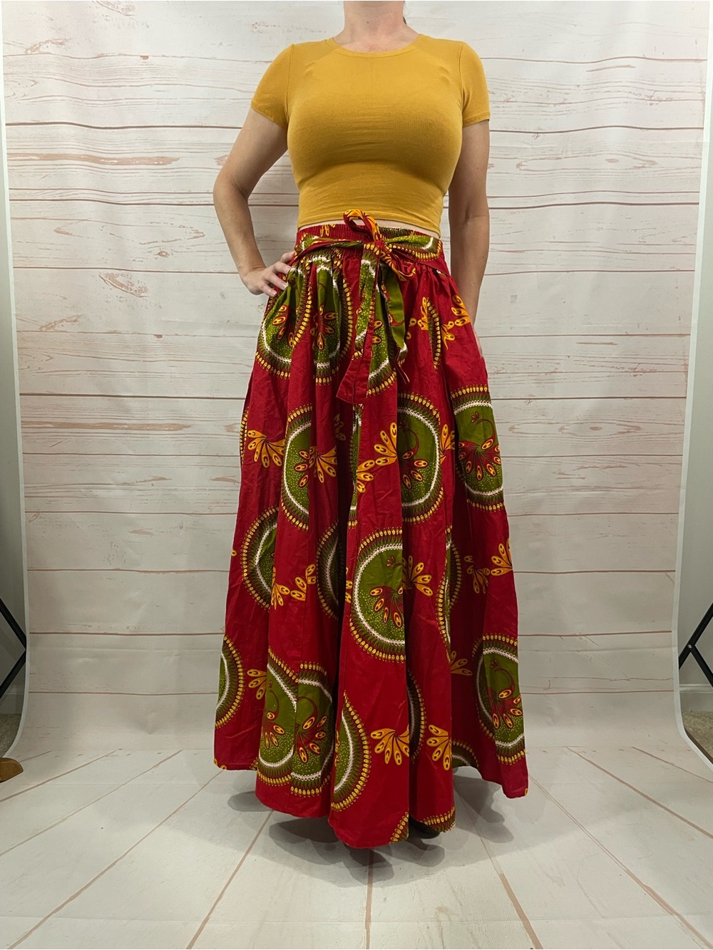 Vintage African Printed Maxi Skirt with Stretch Waist and Tie Front